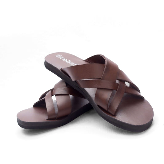 Brown Cross Slip On Men's Leather Sandal