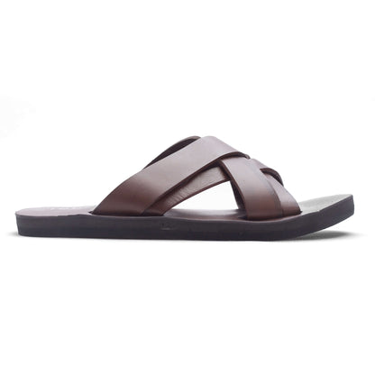 Brown Cross Slip On Men's Leather Sandal