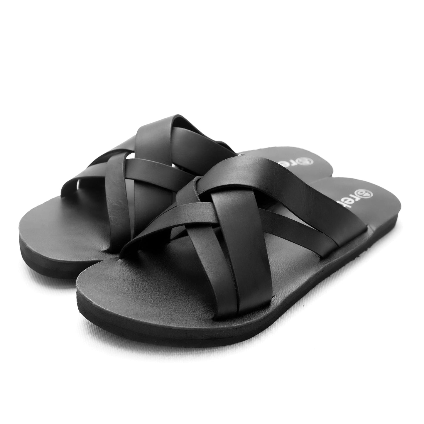 Black Cross Slip On Men's Leather Sandal