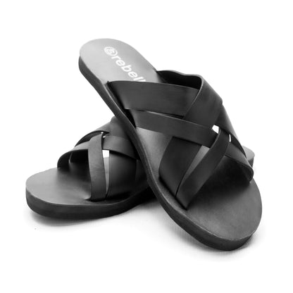 Black Cross Slip On Men's Leather Sandal