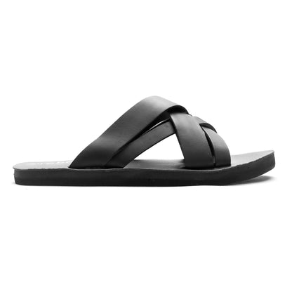 Black Cross Slip On Men's Leather Sandal