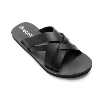 Black Cross Slip On Men's Leather Sandal